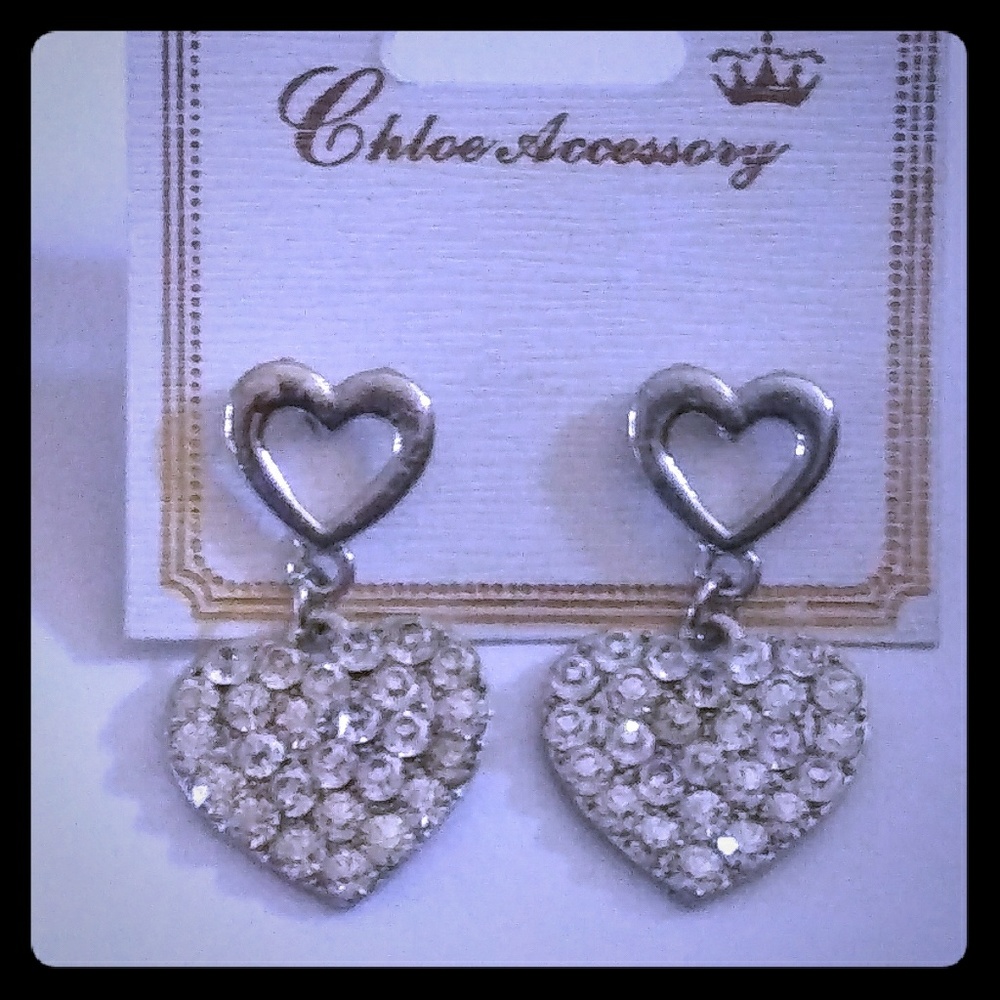 Silver Heart Crystal Rhinestone Earrings
